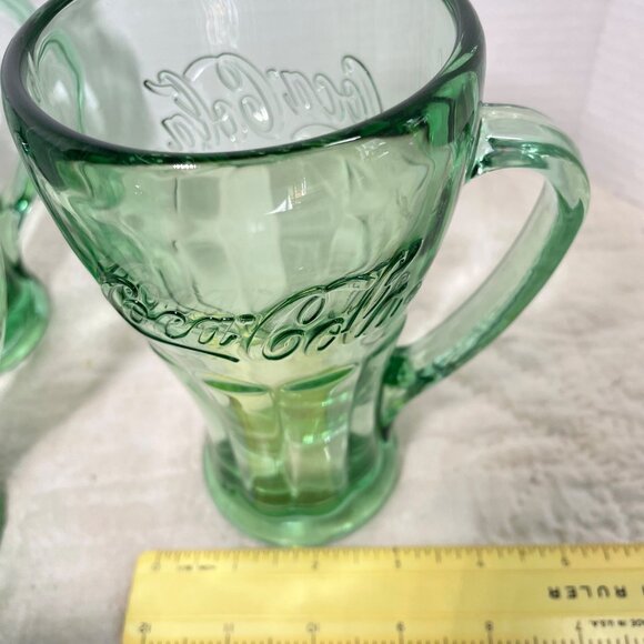 Set Of 4 Coca-Cola Embossed Heavy Green Glass Mugs With Handle Vintage Style 16 - Picture 8 of 11